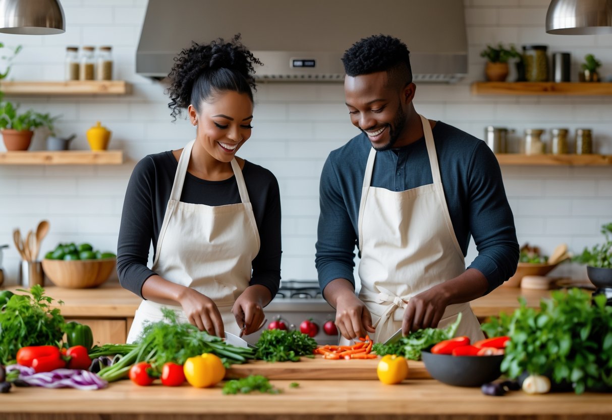 A couple cooking together in a modern kitchen, preparing food and smiling.
