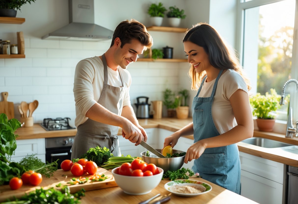 A young couple cooking together in a bright kitchen, preparing a meal from fresh ingredients.