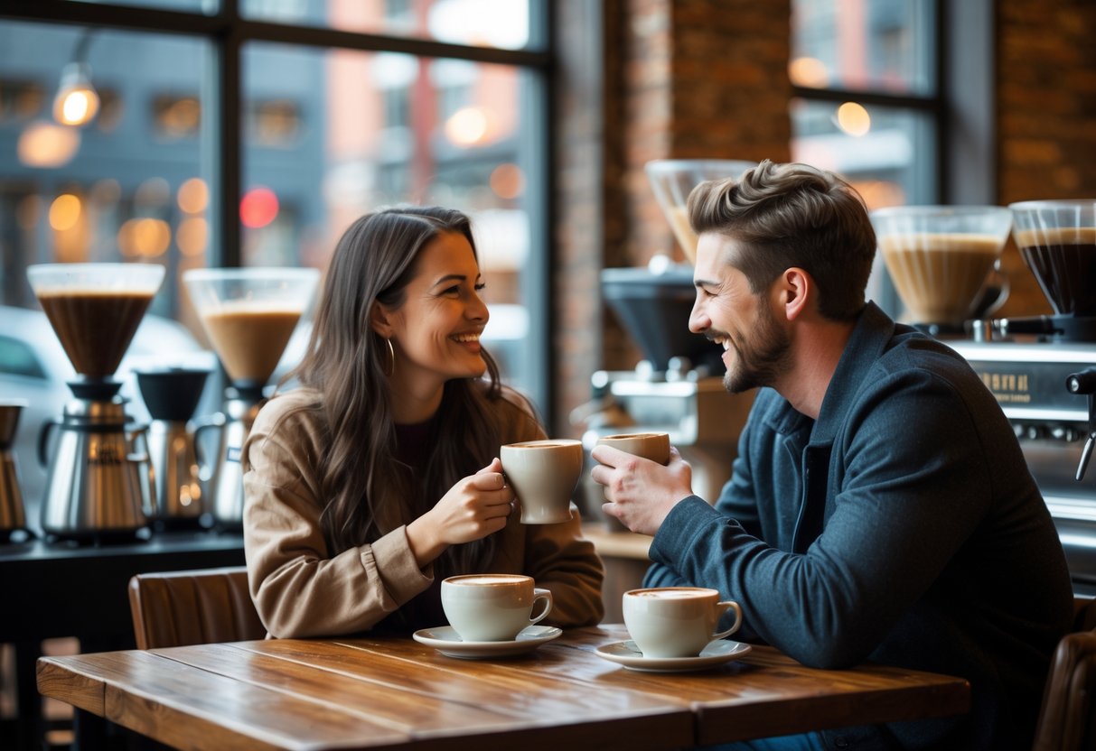 A young couple sitting at a wooden table inside a coffee shop, enjoying coffee and talking.
