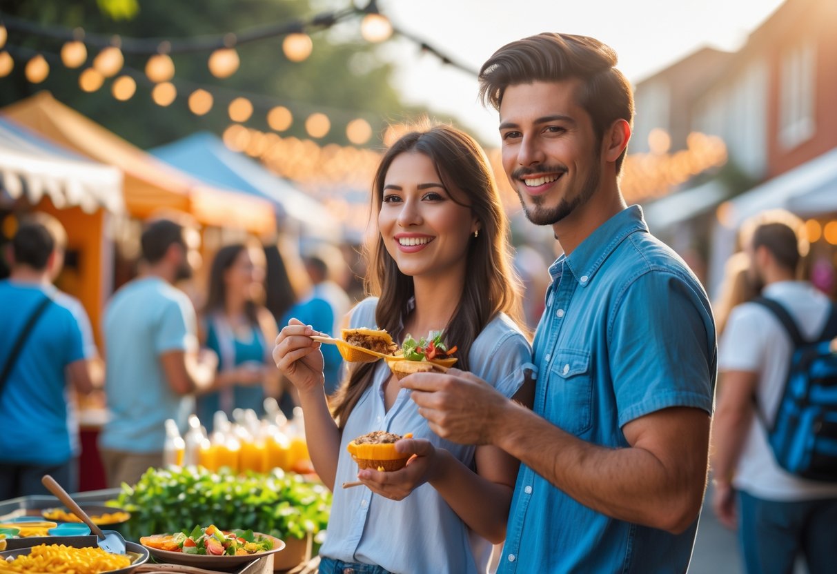 A young couple smiling and enjoying a community festival outdoors with food stalls and decorations around them.