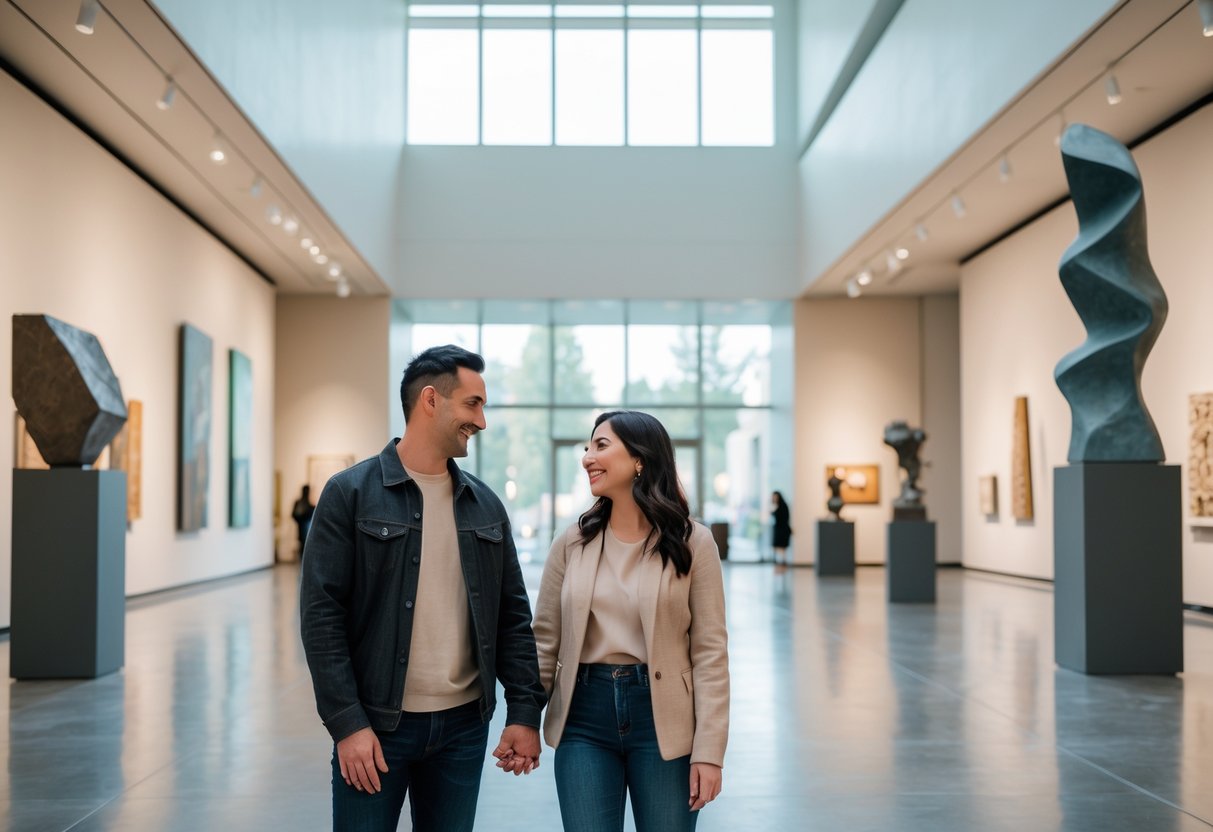 A couple admiring artwork inside the Portland Art Museum during a visit.