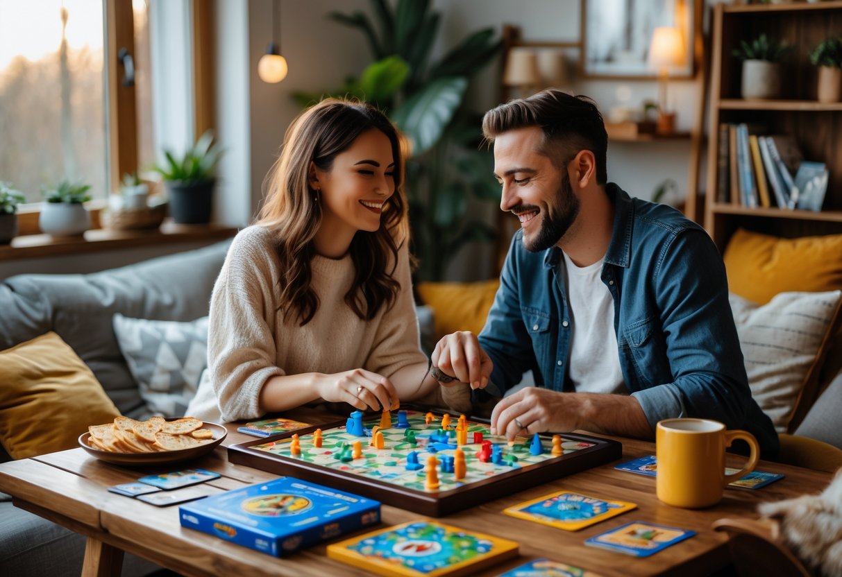 A couple playing board games together at a table in a cozy room.