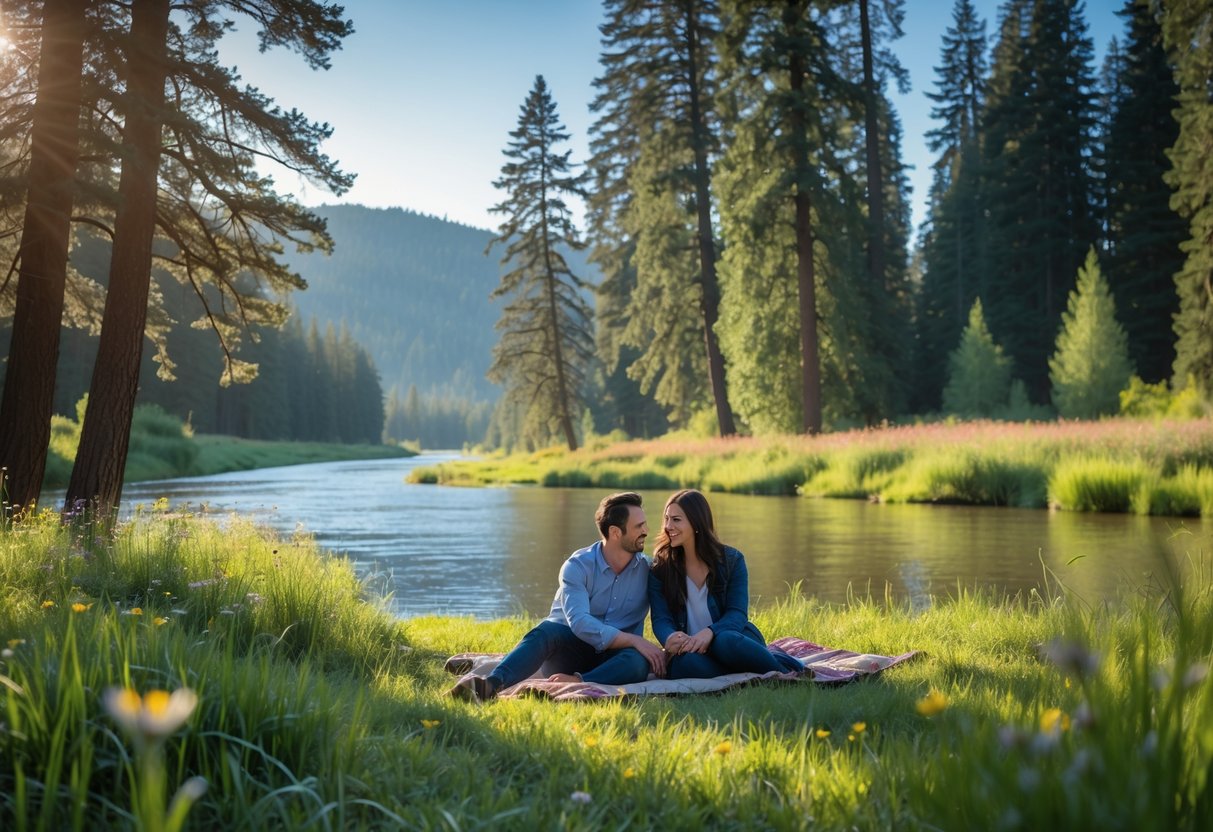 A young couple enjoying a picnic by a river surrounded by pine trees and mountains in Oregon.