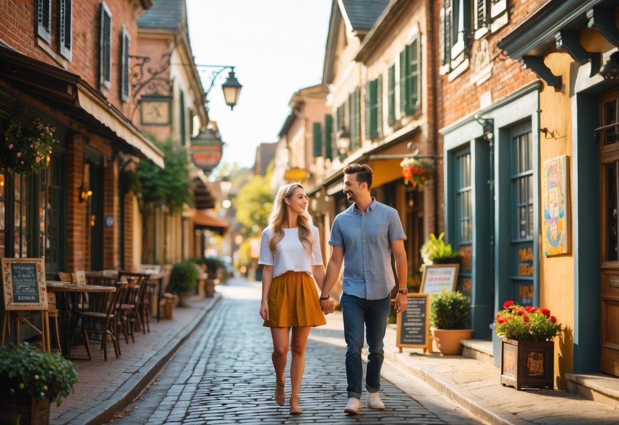 A young couple walking hand-in-hand on a cobblestone street lined with historic buildings and small shops.