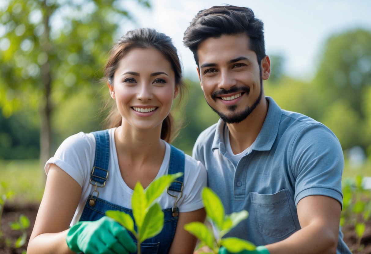 A young couple volunteering outdoors, planting trees together and smiling.