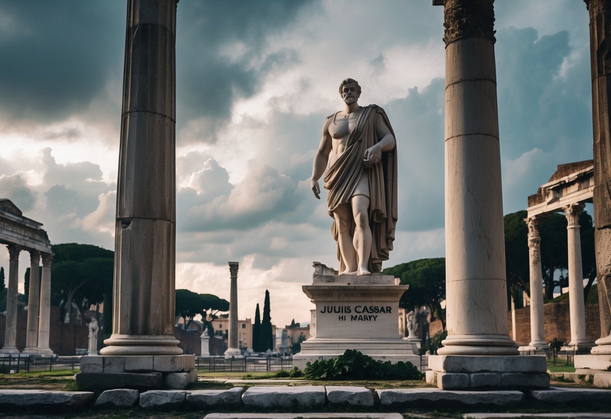 Marble statue of Julius Caesar in an ancient Roman forum with columns and a cloudy sky overhead.