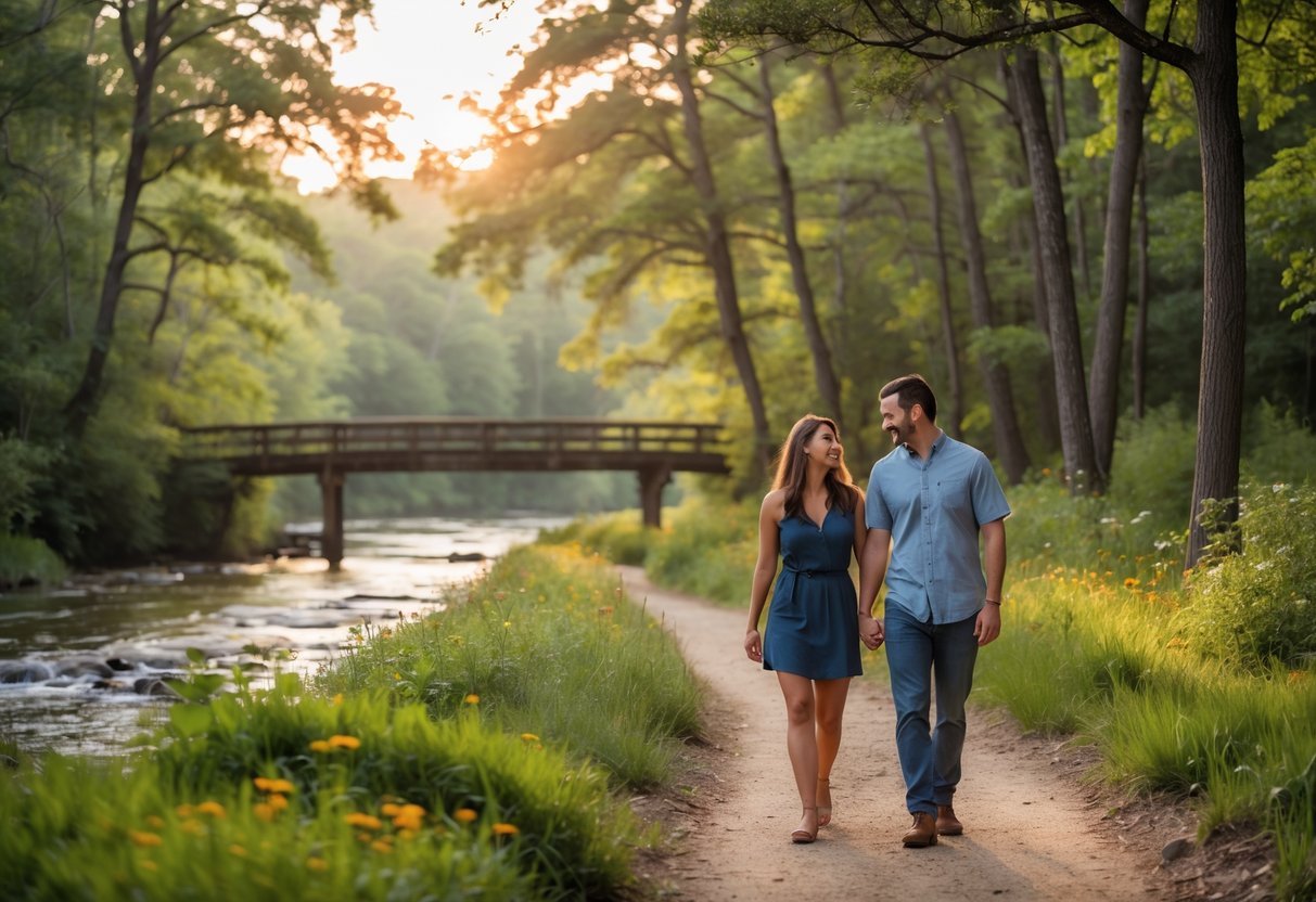 A young couple walking hand-in-hand on a tree-lined trail beside a river, surrounded by green foliage and wildflowers.