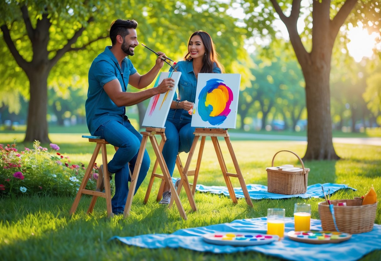 A couple painting on canvases outdoors in a park, enjoying a creative date surrounded by trees and flowers.