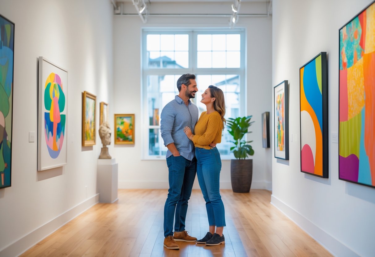 A couple looking at paintings inside a bright and modern art gallery.