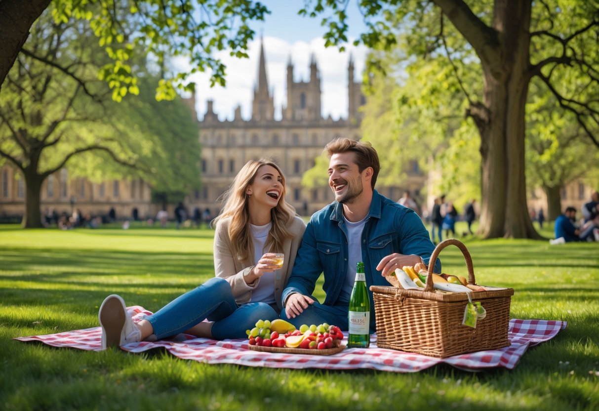 A young couple having a picnic on a blanket in a green park with trees and historic university buildings in the background.