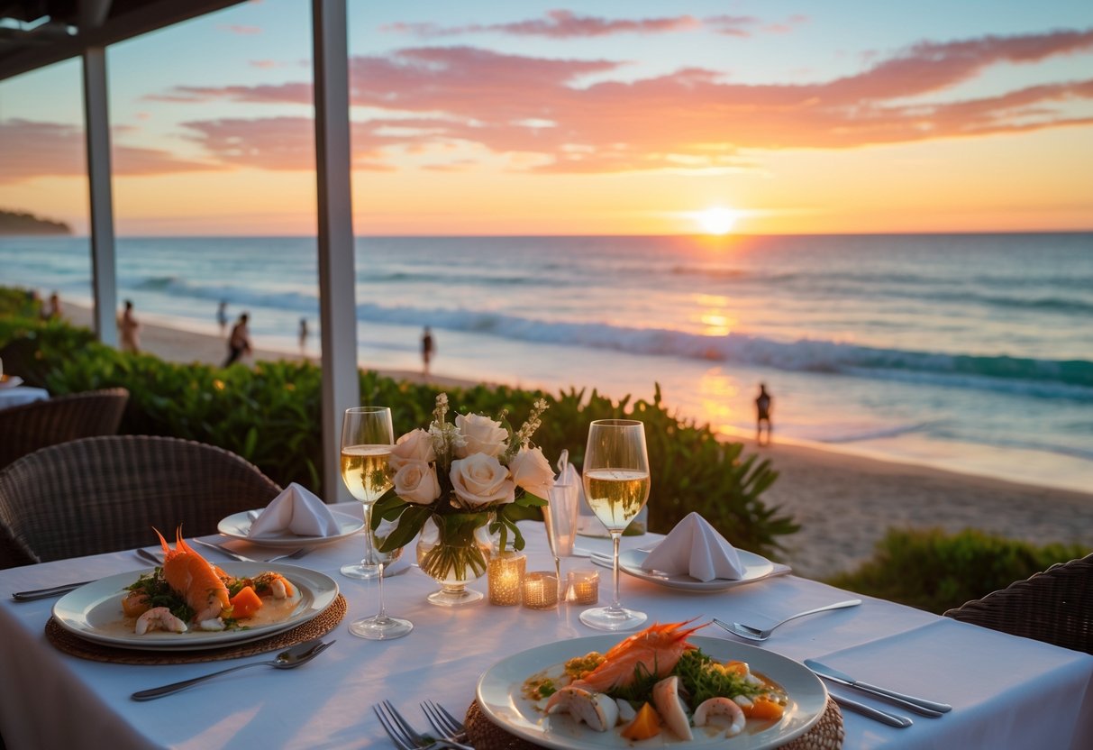 A romantic outdoor dinner table for two overlooking the ocean at sunset with seafood dishes and warm golden light.