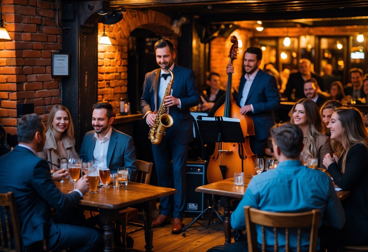 Couples and friends enjoying live jazz music at a cozy pub with musicians playing on a small stage.