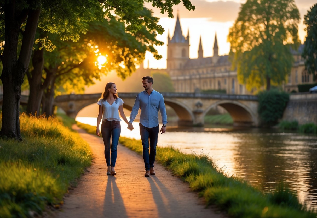 A couple walking hand in hand along a riverside path at sunset with trees and calm water nearby.