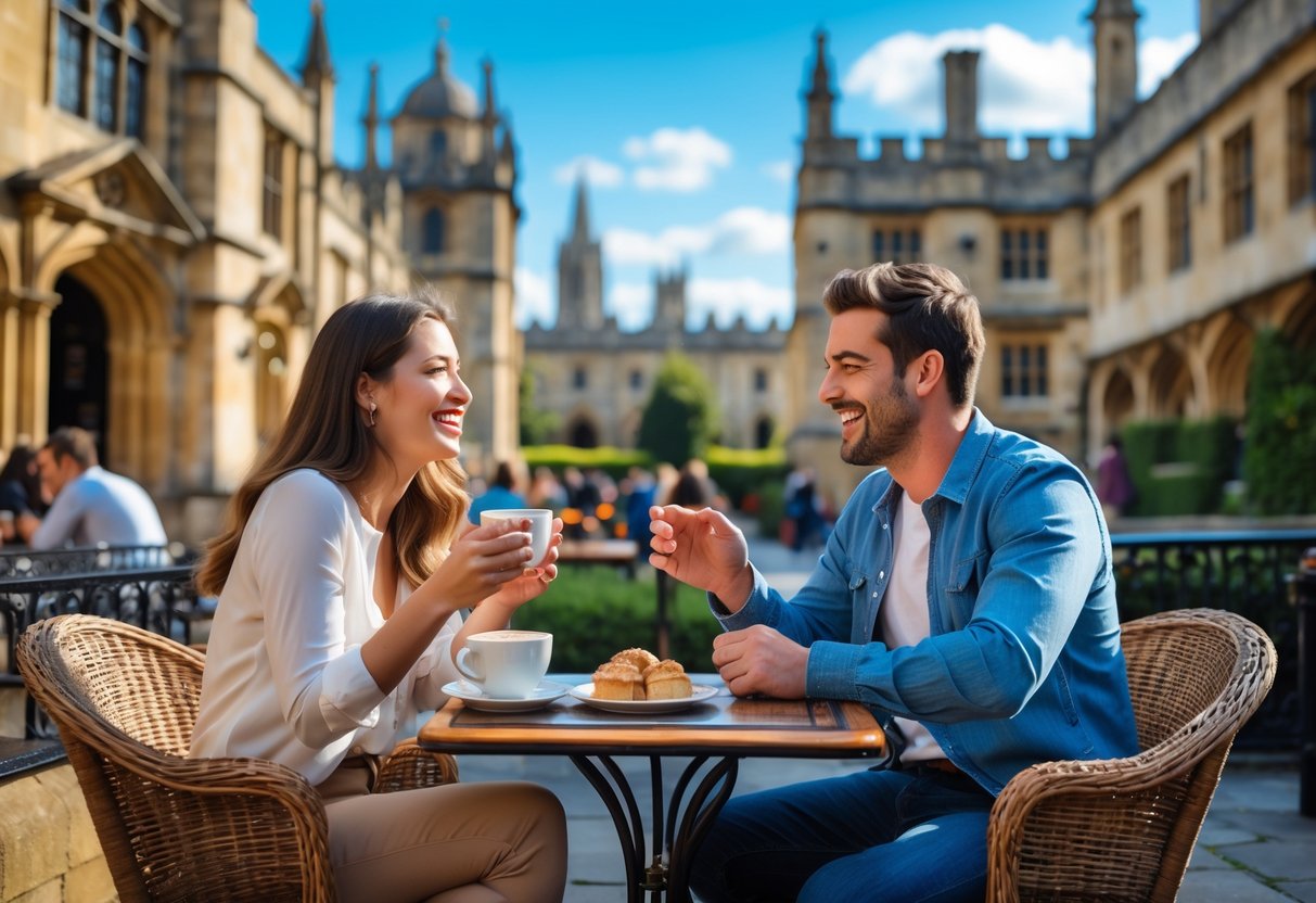 A young couple sitting at an outdoor café table in Oxford, smiling and enjoying a sunny day with historic buildings in the background.