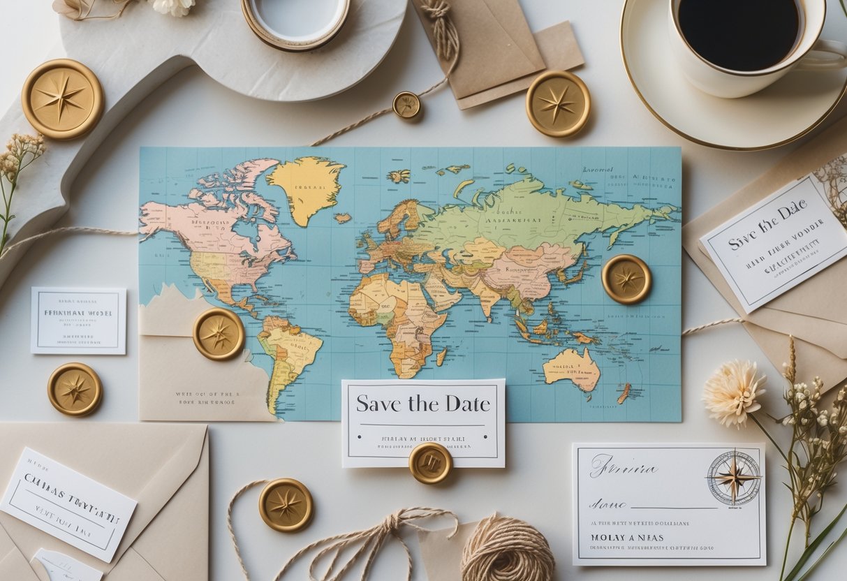 Flat lay of save the date cards with map designs surrounded by stationery and decorative items on a neutral surface.