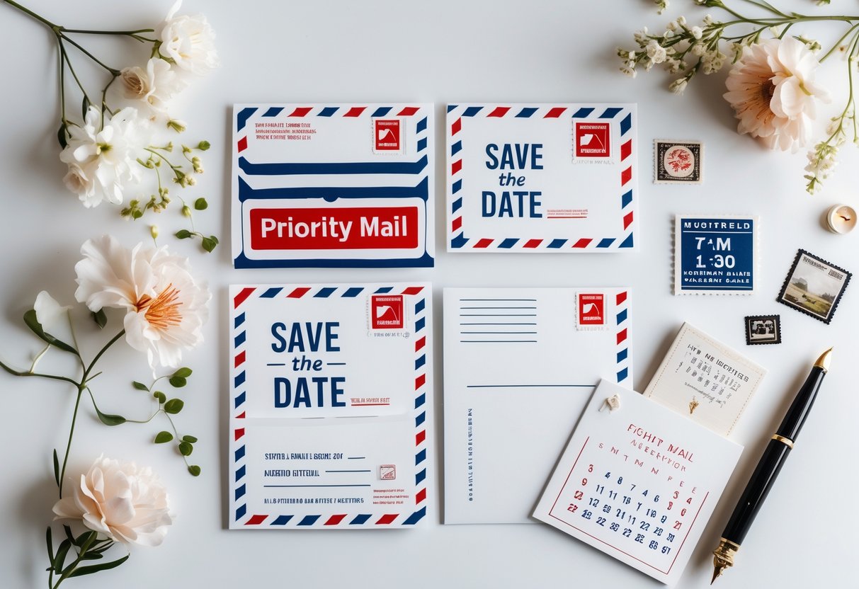 Flat lay of priority mail themed postcards with floral decorations, a fountain pen, and a calendar showing a marked date.