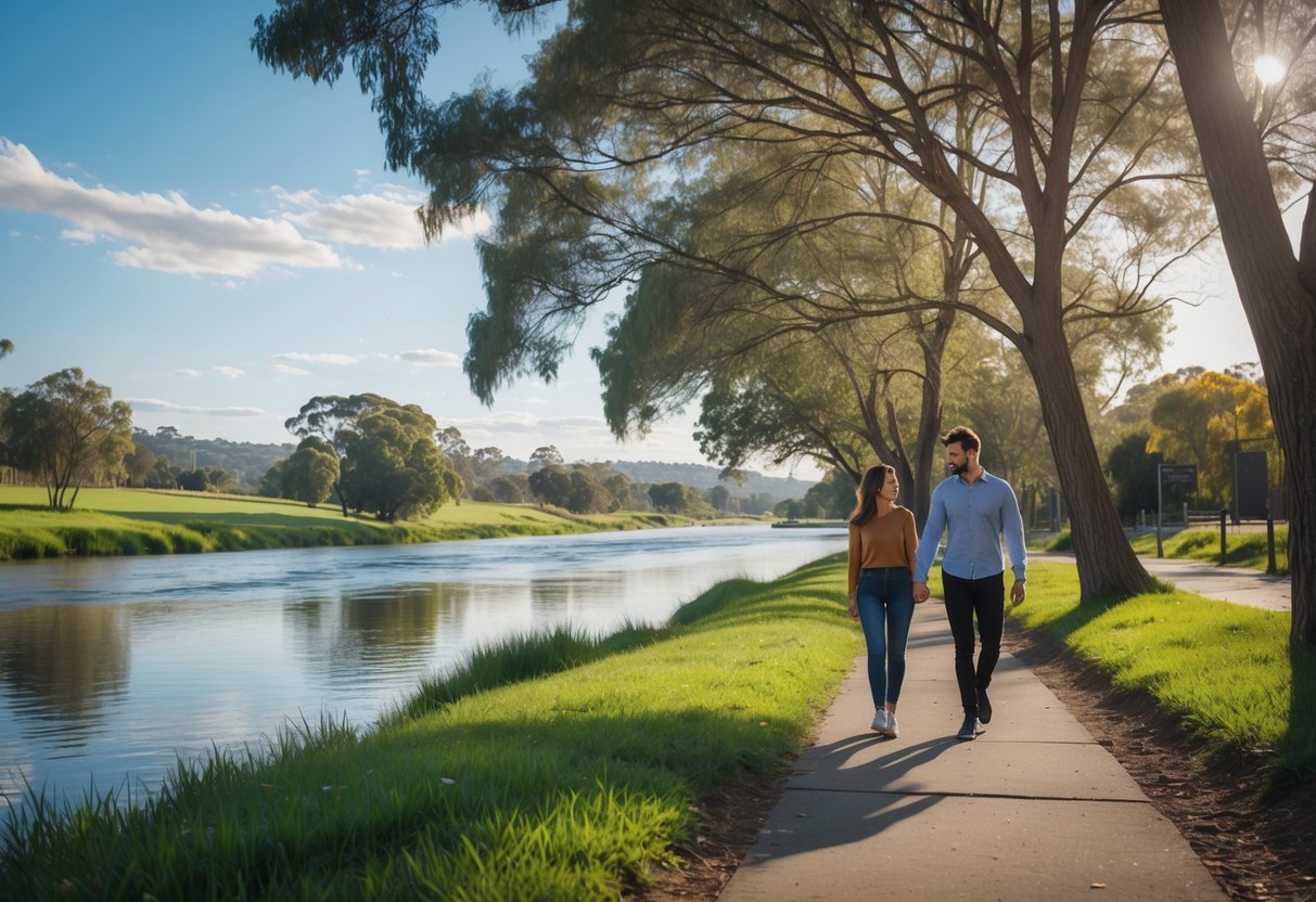 A young couple walking hand in hand along a river path surrounded by green trees and grass at Tench Reserve.