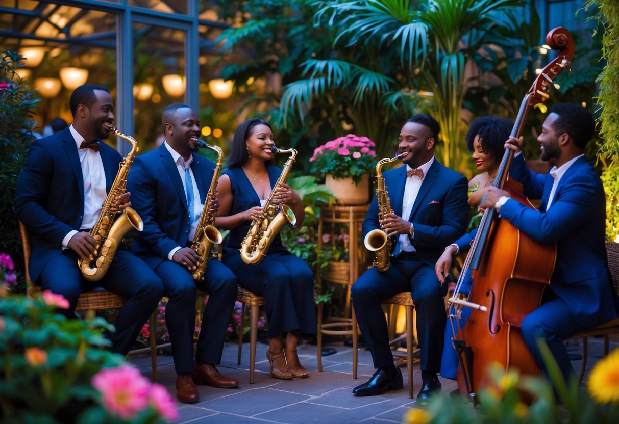 Couples and friends enjoying live jazz music inside a lush indoor garden surrounded by plants and flowers at Phipps Conservatory.