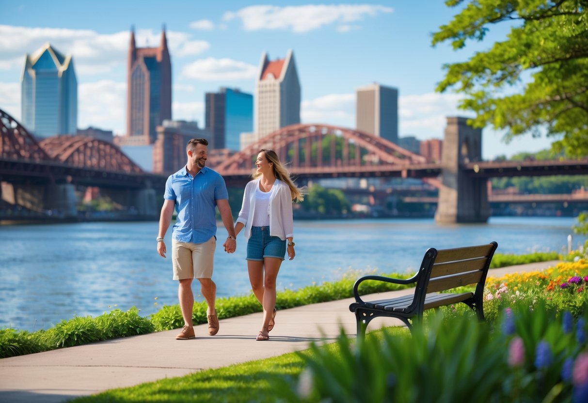 A couple enjoying a sunny outdoor date with the Pittsburgh skyline and bridges in the background.