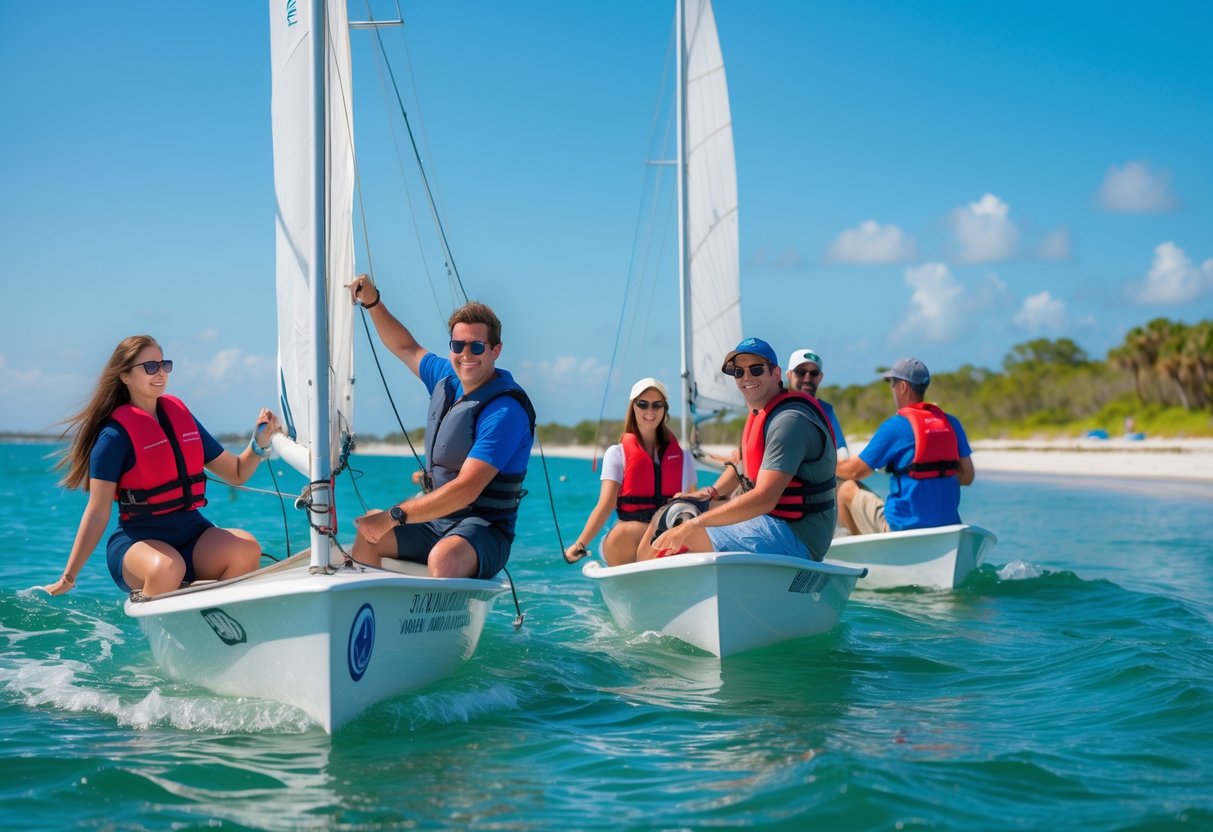 People learning to sail on small boats with an instructor on clear water near the Pensacola coastline.