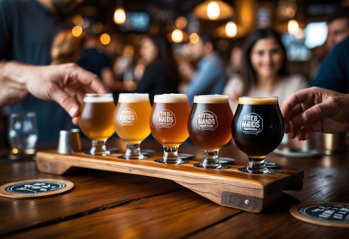A couple sharing a tasting flight of craft beers at a wooden table inside a cozy brewery with warm lighting.