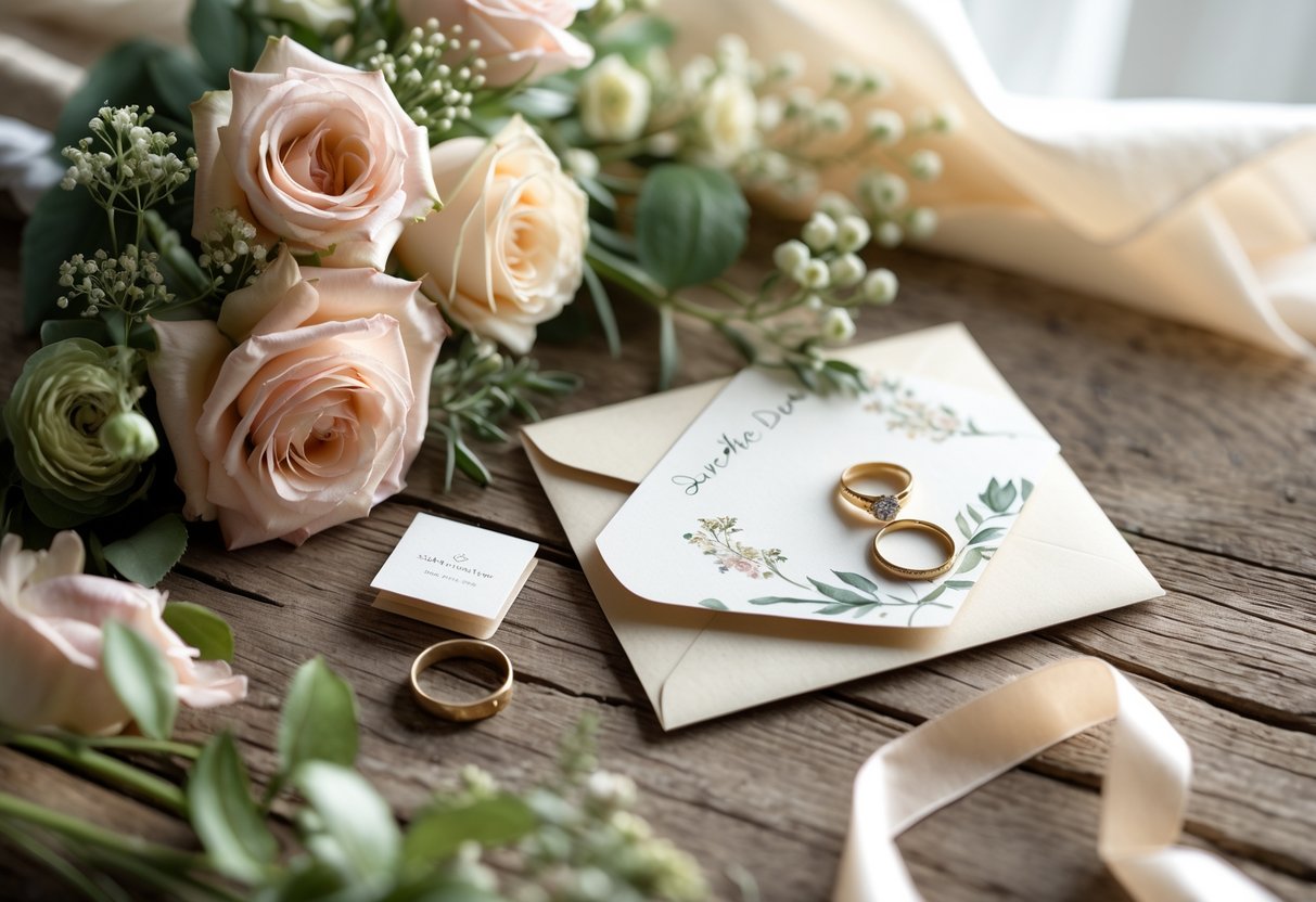 A rustic wooden table with a floral bouquet, a vintage envelope with a card, wedding rings, and a satin ribbon arranged for a wedding save the date scene.