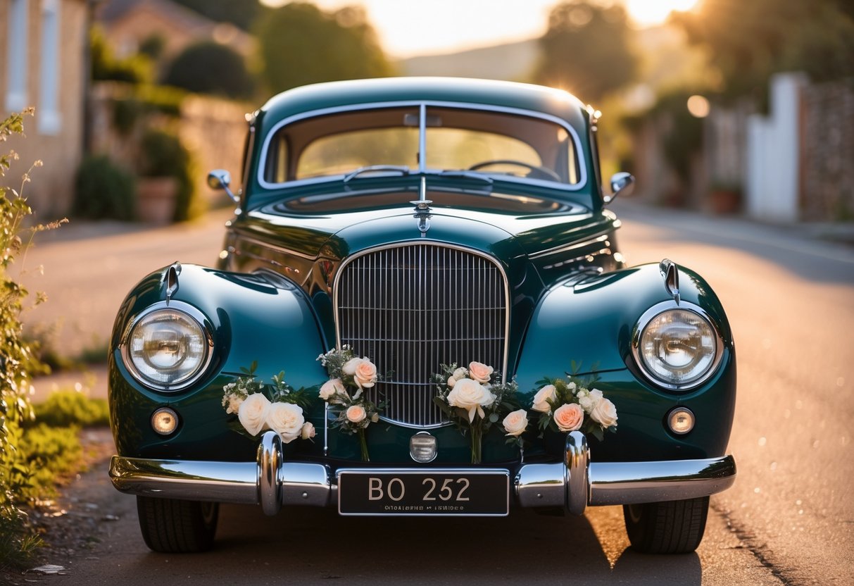 A polished vintage car parked on a street with a floral arrangement on its hood during sunset.