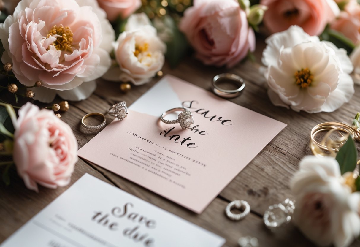 Close-up of wedding stationery and flowers arranged on a wooden table with wedding rings nearby.