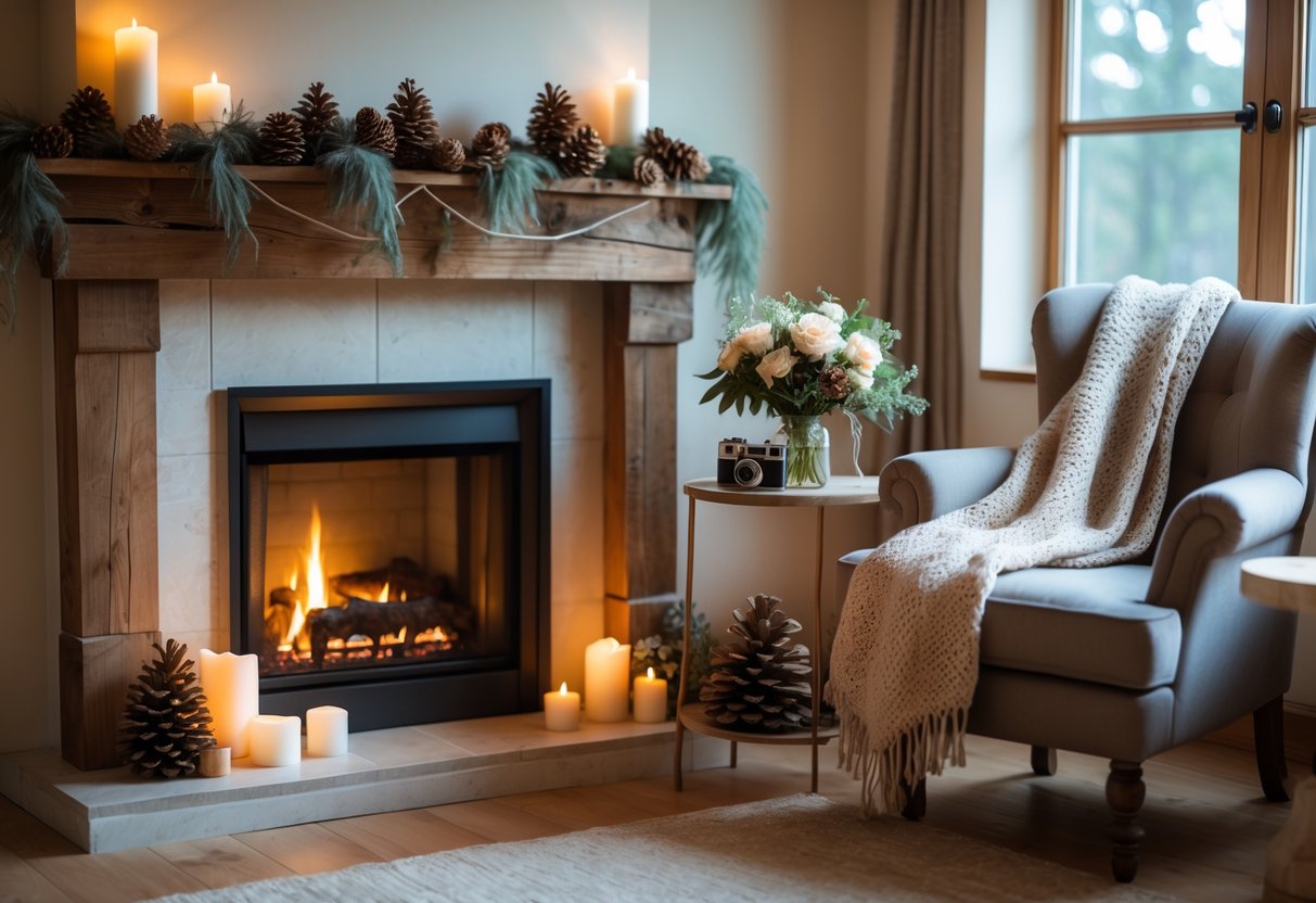 A cozy indoor fireplace with a glowing fire, a decorated mantle, an armchair with a blanket, and a small table with flowers and a camera.