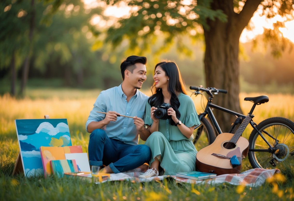 A smiling couple outdoors surrounded by props representing their hobbies, including a paintbrush, camera, bicycle, books, and guitar.