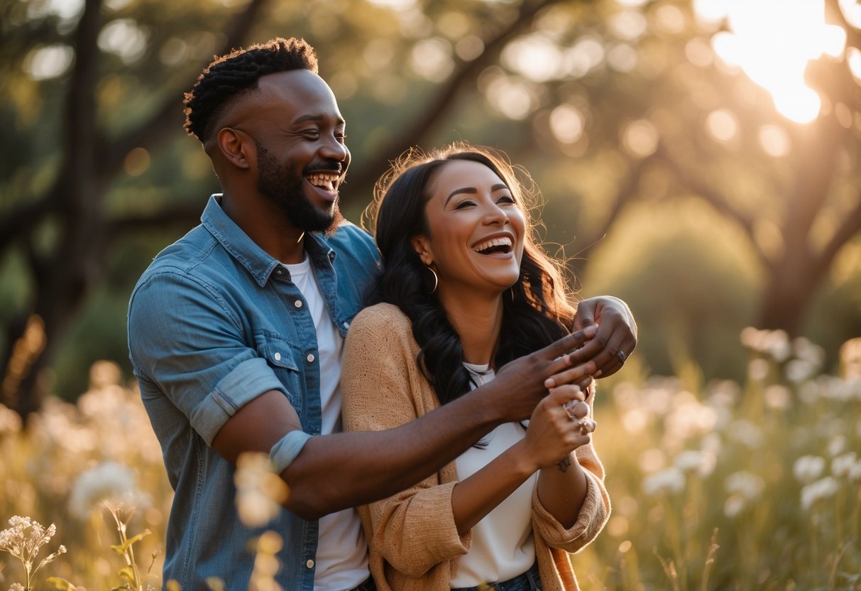 A couple laughing and playfully interacting outdoors in a sunlit natural setting.