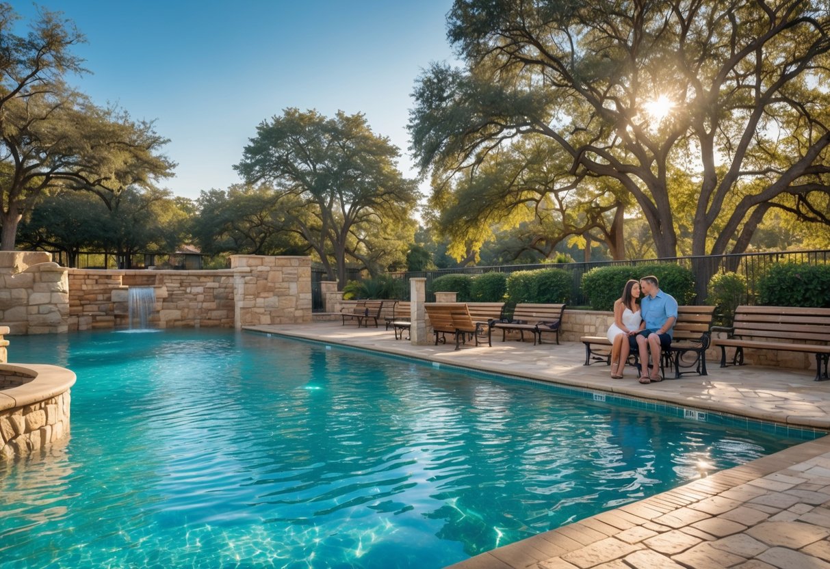 Couple enjoying a sunny day by a clear blue historic saltwater pool surrounded by greenery and stone in Plano.