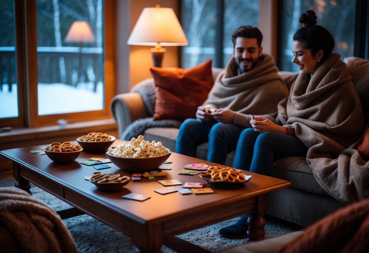 Two people sitting on a couch wrapped in blankets playing a board game with warm snacks on a table and a snowy scene visible through a window.