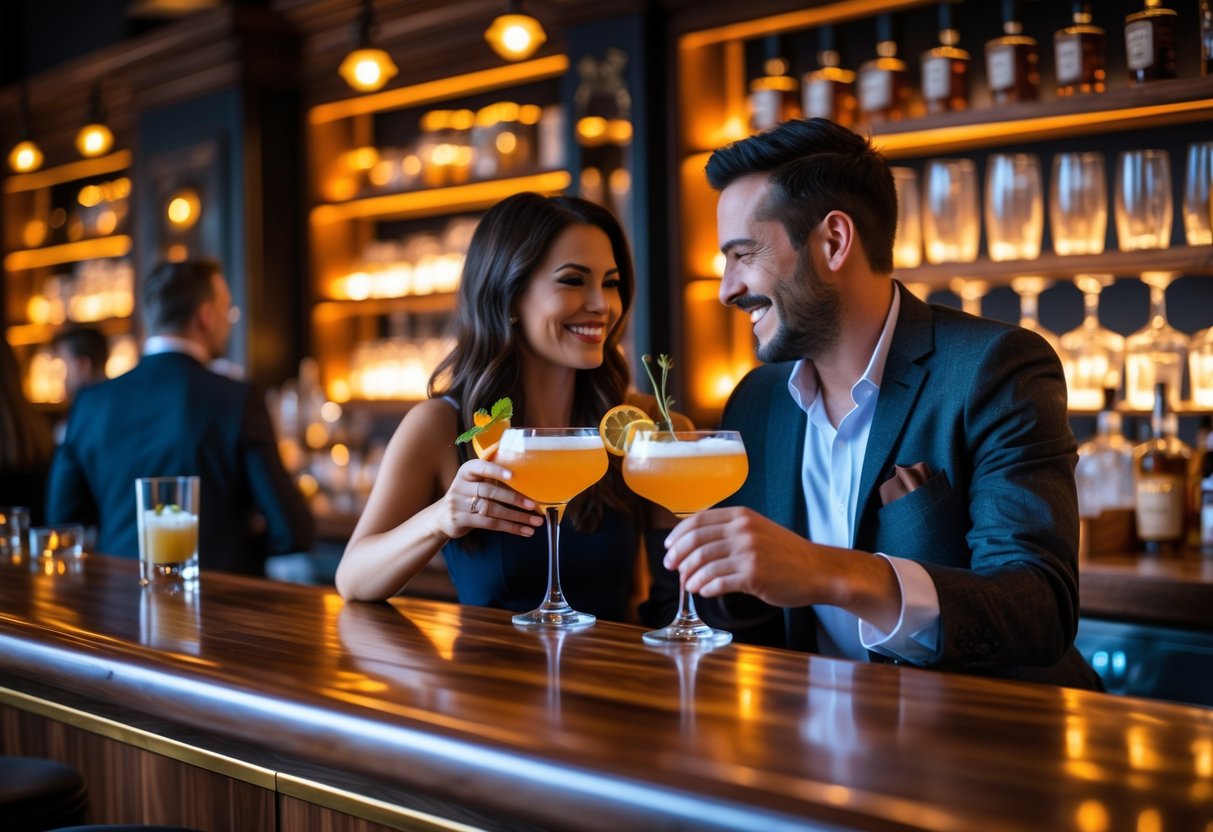 A couple enjoying craft cocktails together at a bar inside The Press Room in Portsmouth.