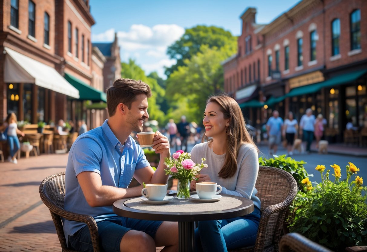 A young couple enjoying coffee at an outdoor café in a sunny park area with historic buildings in the background.