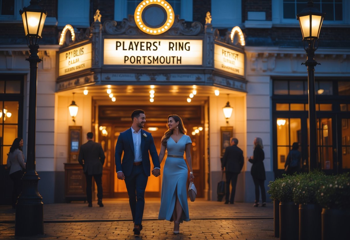 A couple walking hand in hand toward the entrance of a theatre in the evening, surrounded by other people and warm street lighting.