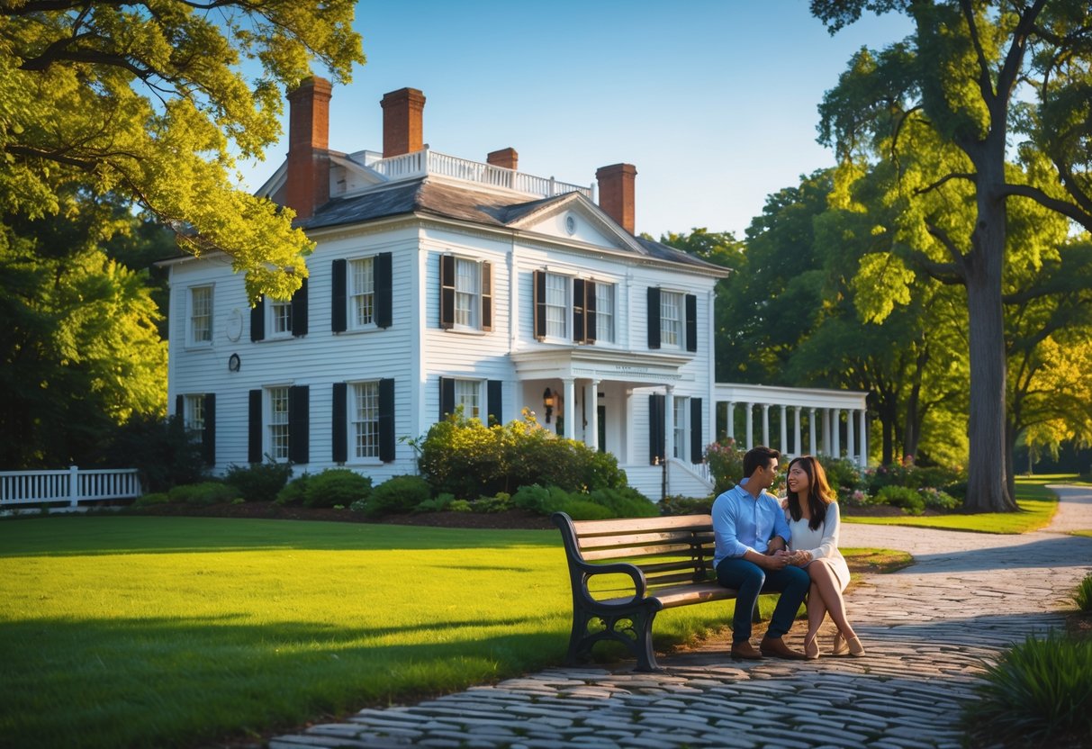 A young couple sitting on a bench near the historic Wentworth-Coolidge Mansion surrounded by green gardens and trees on a sunny day.