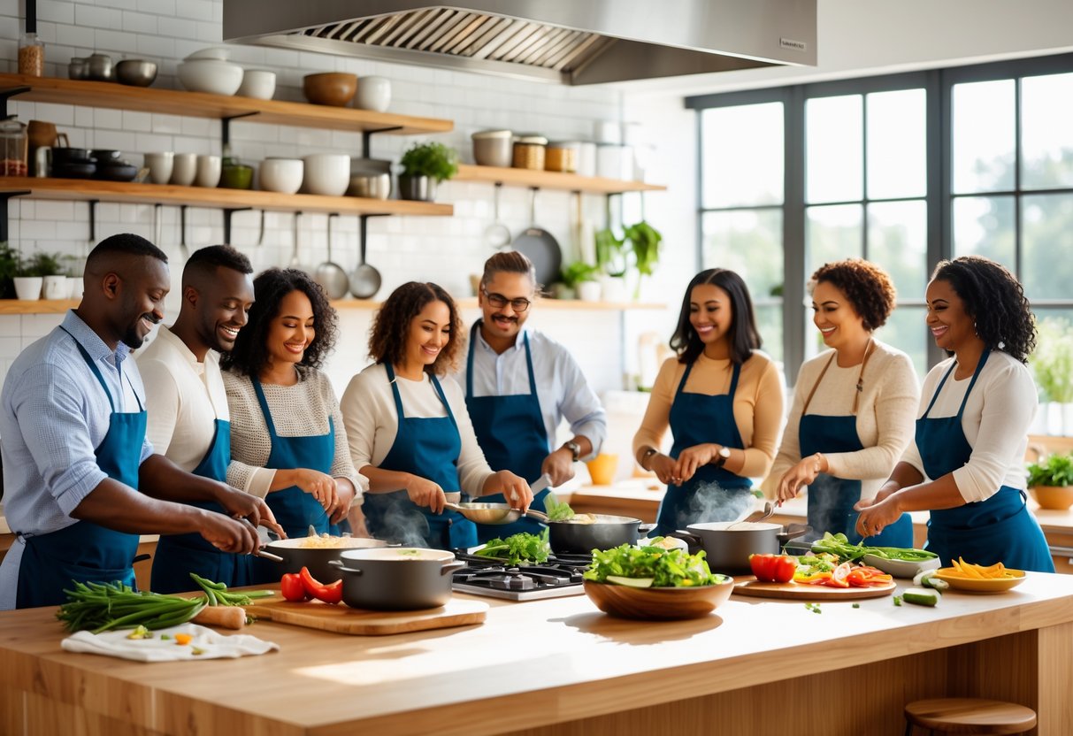 People cooking together in a bright kitchen, preparing food and enjoying a group cooking class.