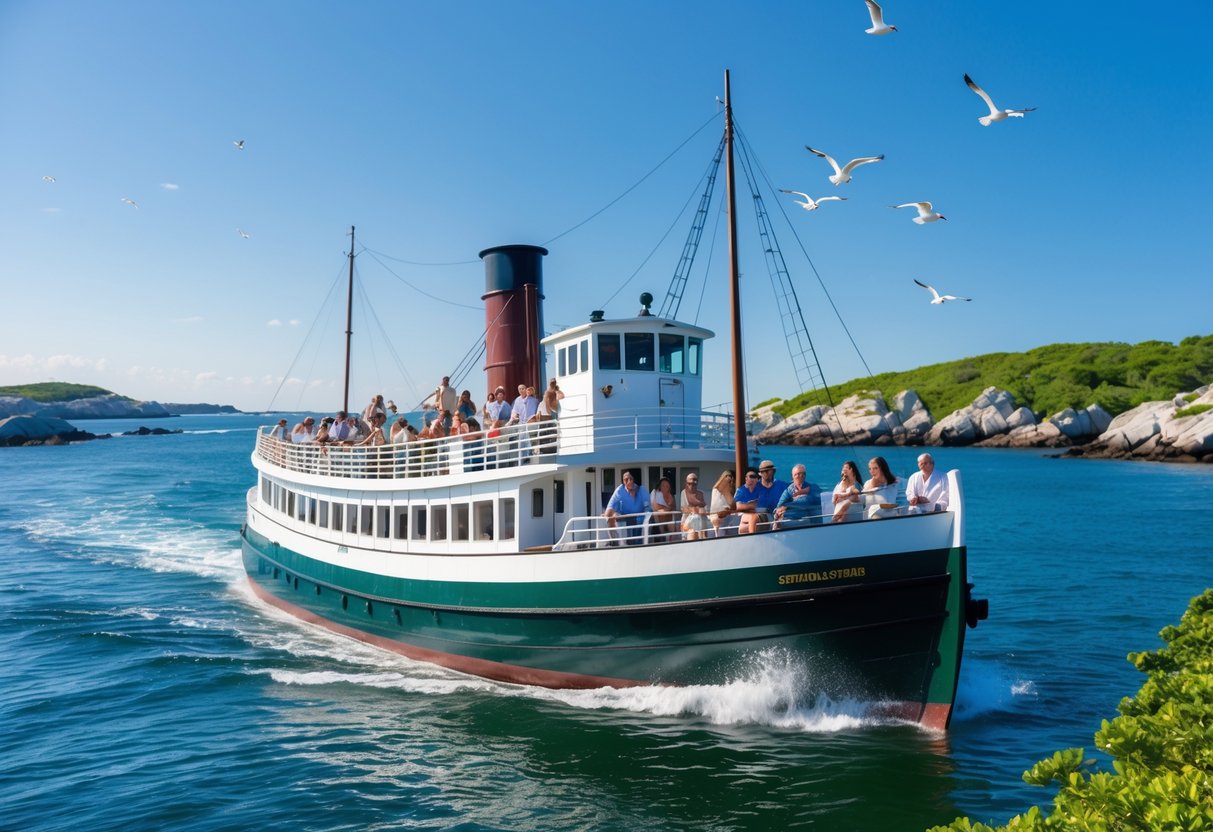 A steamship sailing near rocky islands with passengers enjoying the view on a sunny day.