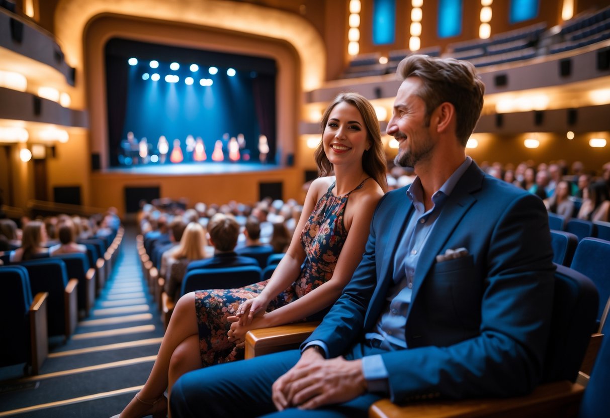 A couple enjoying a live performance inside a theater with an audience and stage in the background.
