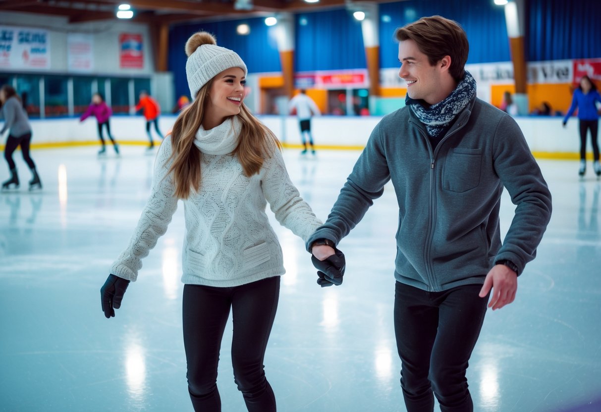A young couple ice skating and holding hands inside an indoor ice rink with other skaters in the background.
