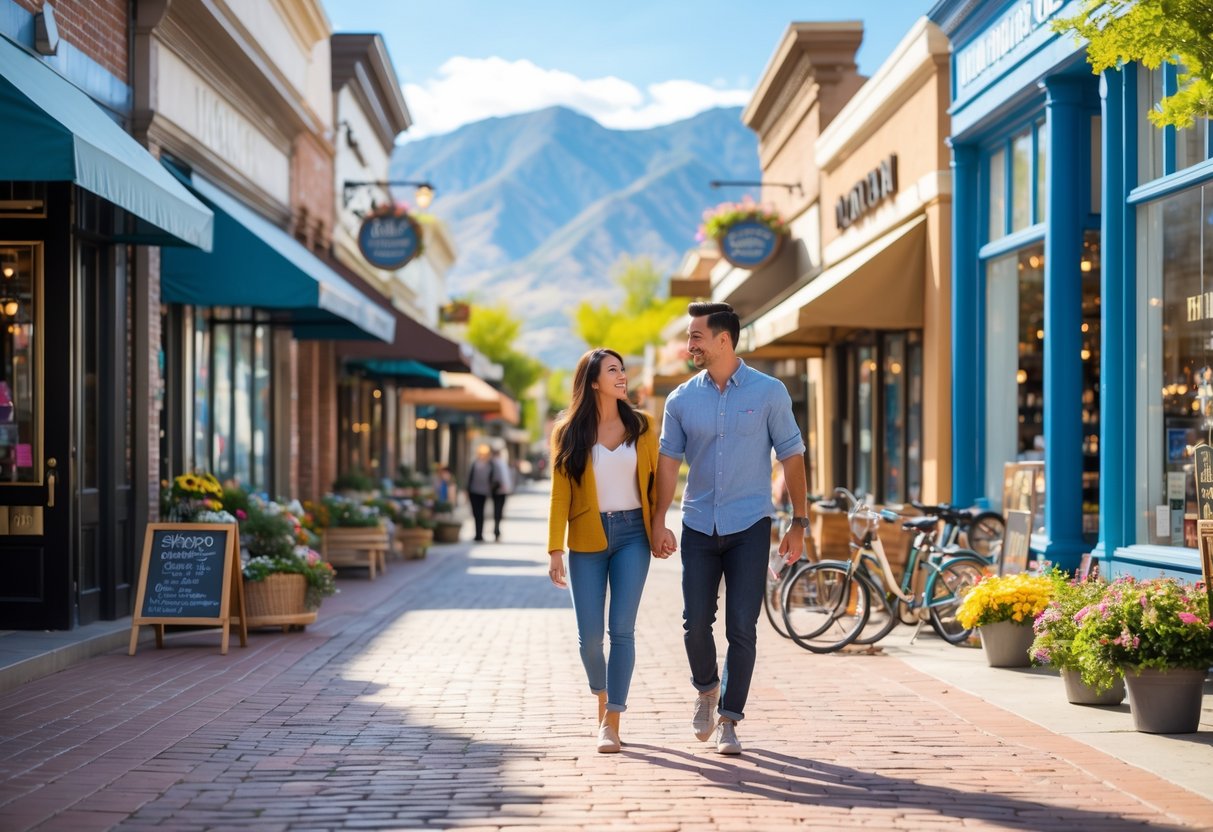 A young couple walking hand-in-hand along a sunny downtown street lined with shops and cafes, with mountains visible in the background.