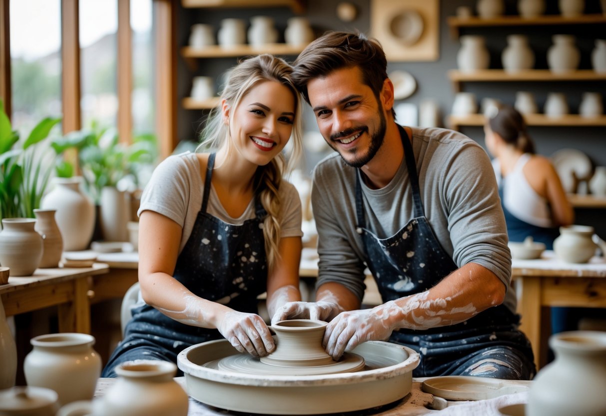 A young couple working together on a pottery wheel in a bright pottery studio.