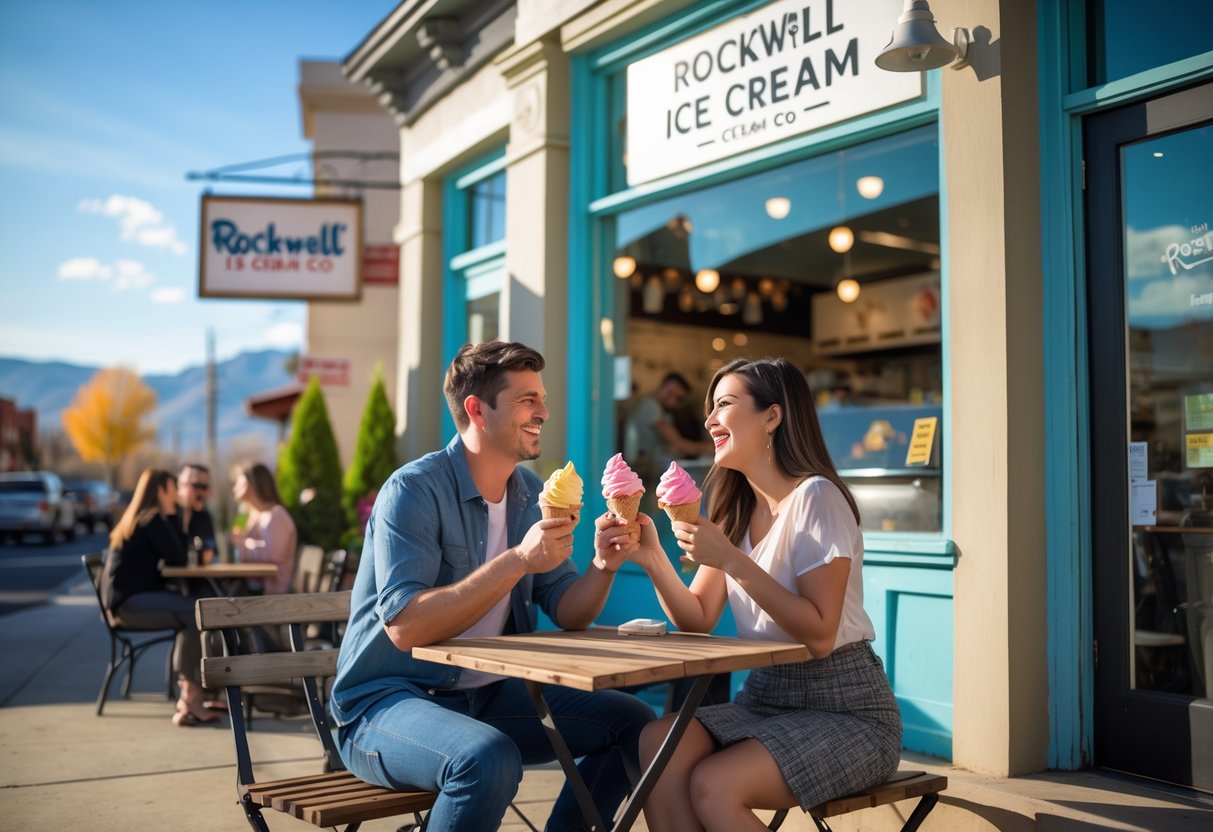 A young couple sitting outside an ice cream shop in Provo, Utah, enjoying colorful ice cream cones on a sunny day.