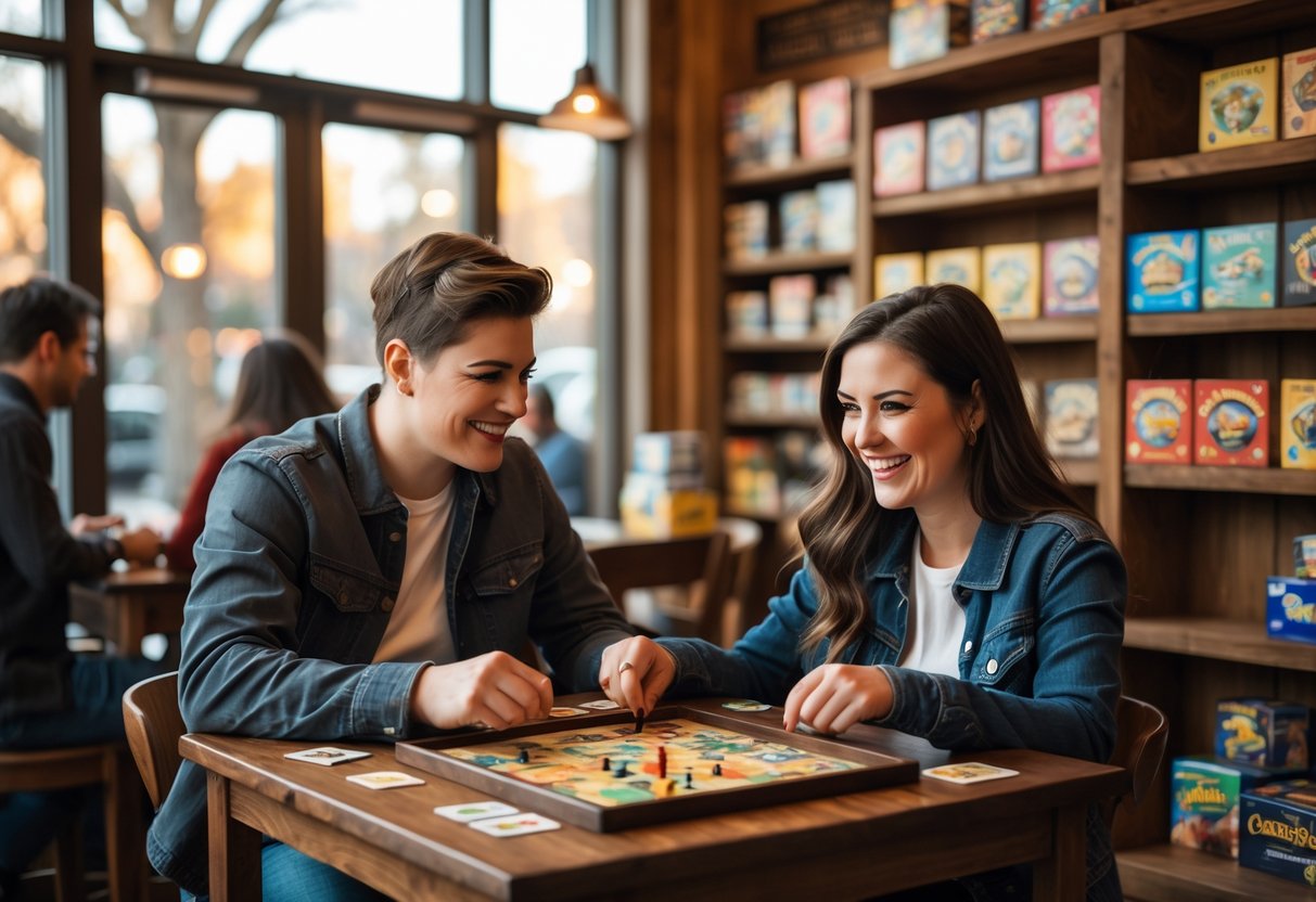 A young couple playing a board game together at a table inside a board game shop.