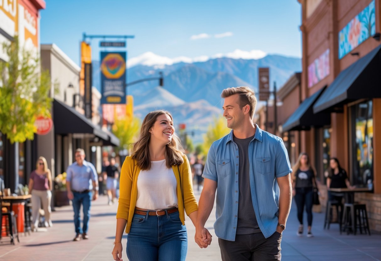 A young couple walking hand-in-hand on a sunny street in Provo, Utah, with shops and mountains in the background.
