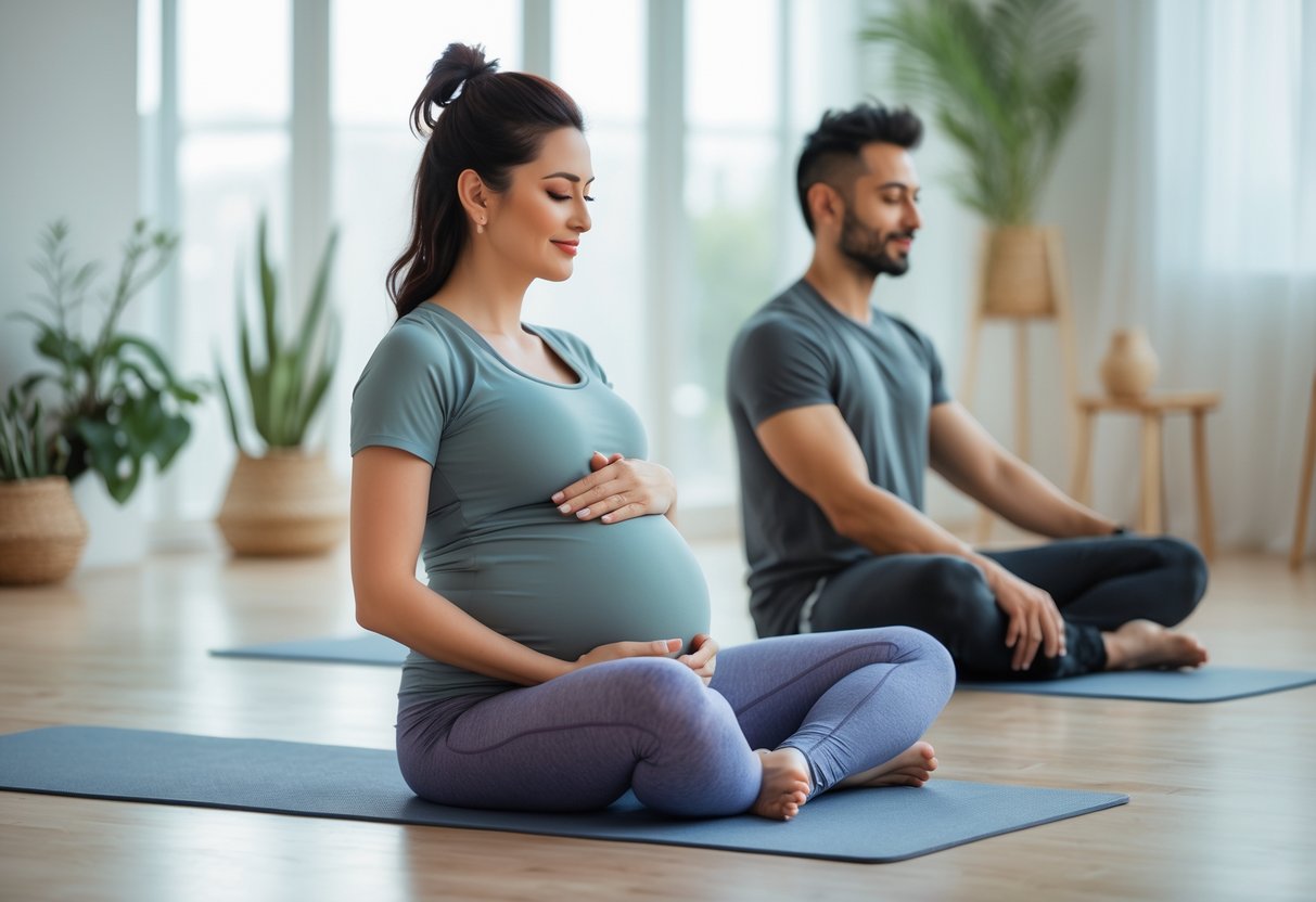 A pregnant woman and her partner practicing gentle yoga together on mats in a softly lit studio.