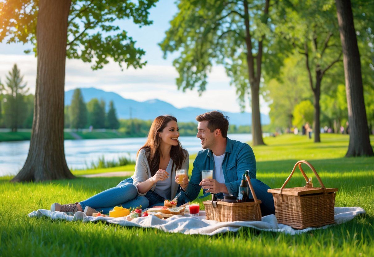 A young couple enjoying a picnic together in a green park near a river with mountains in the background.