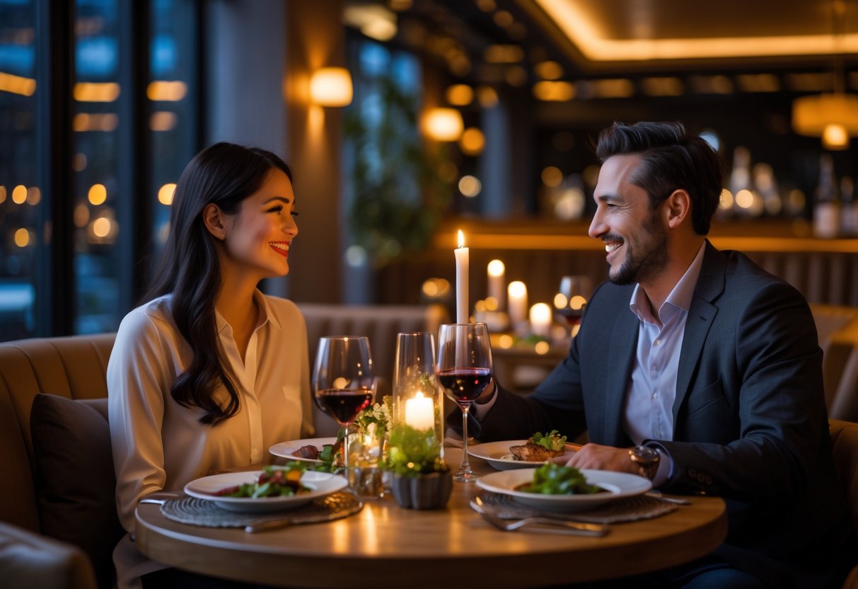 A couple enjoying a romantic dinner at a cozy restaurant with candlelight and elegant table settings.