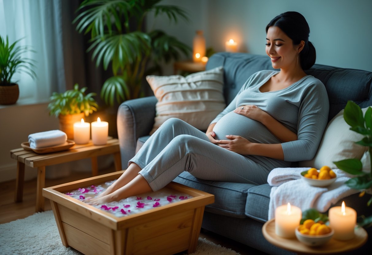 Pregnant woman relaxing with her feet in a wooden foot bath surrounded by candles and spa items in a cozy living room.